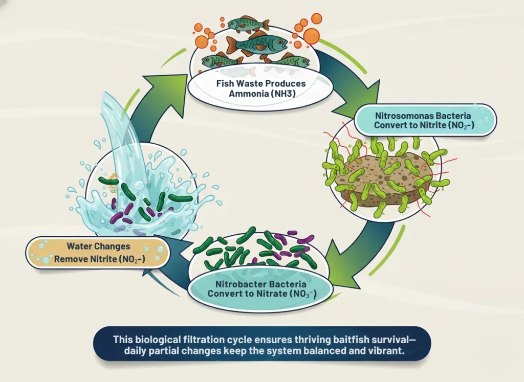 Circular infographic diagram explaining the nitrogen cycle in a long-term bait tank, featuring sequential steps from fish-produced ammonia to nitrate removal via water changes, with vibrant illustrations of bacteria, fish, and flow arrows in a modern explainer cartoon style.