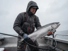Pacific Northwest Salmon Run: Best Rivers & Tactics Angler in rain gear lifting a large Chinook salmon in a net on a rainy day in the Pacific Northwest.