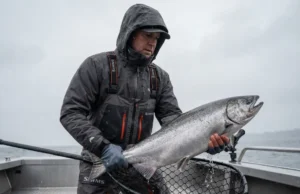 Pacific Northwest Salmon Run: Best Rivers & Tactics Angler in rain gear lifting a large Chinook salmon in a net on a rainy day in the Pacific Northwest.