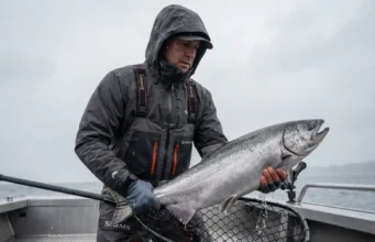 Pacific Northwest Salmon Run: Best Rivers & Tactics Angler in rain gear lifting a large Chinook salmon in a net on a rainy day in the Pacific Northwest.