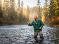 Pacific Northwest Salmon Run: The Definitive Field Guide A man in his 30s fly fishing in a beautiful Pacific Northwest river during the autumn salmon run.