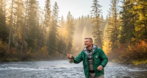Pacific Northwest Salmon Run: The Definitive Field Guide A man in his 30s fly fishing in a beautiful Pacific Northwest river during the autumn salmon run.