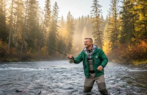 Pacific Northwest Salmon Run: The Definitive Field Guide A man in his 30s fly fishing in a beautiful Pacific Northwest river during the autumn salmon run.