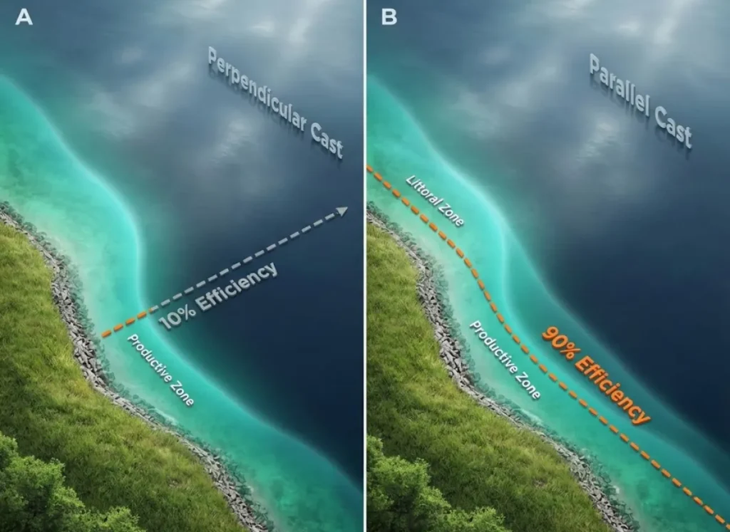 A high-definition split-screen infographic comparing fishing cast efficiencies. The top section shows a perpendicular cast exiting the productive littoral zone quickly, labeled '10% Efficiency'. The bottom section shows a parallel cast staying within the productive zone along the shoreline, labeled '90% Efficiency'. The style is a blend of realistic water textures and clean vector diagrams.