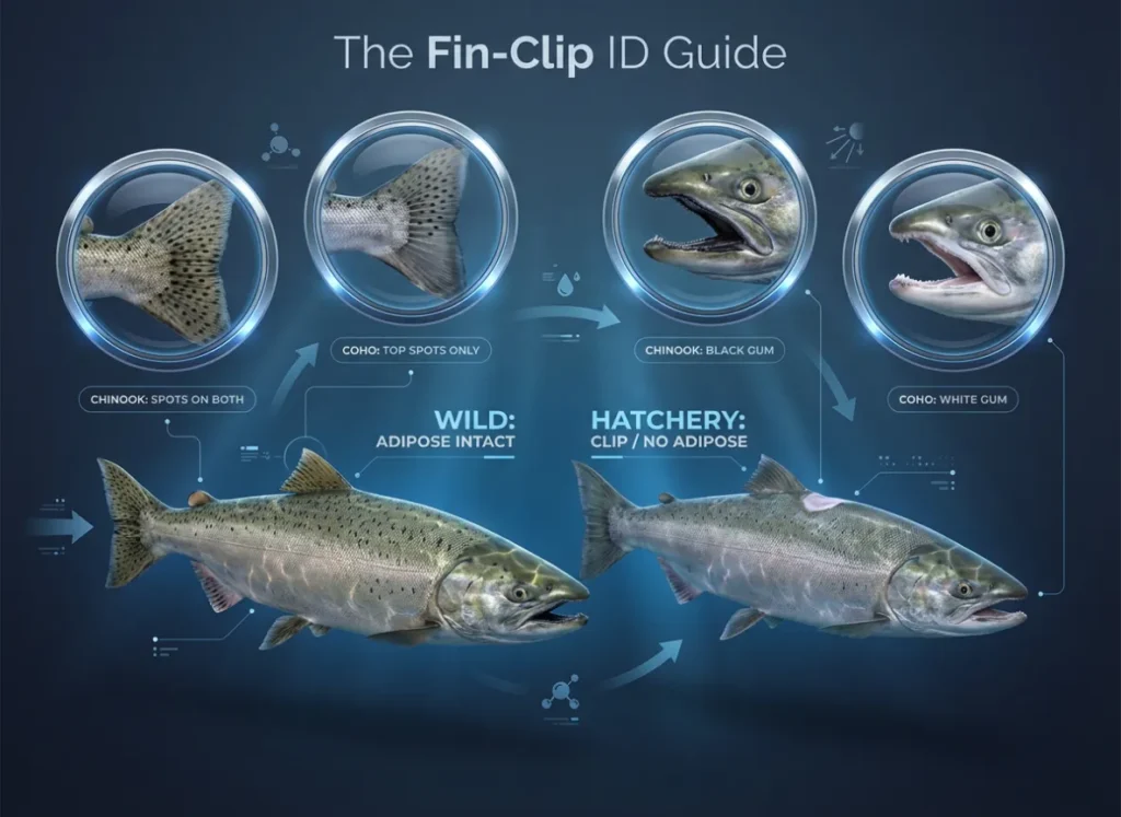 A photorealistic educational infographic comparing Wild and Hatchery salmon. It highlights the adipose fin presence on wild fish versus the missing fin on hatchery fish, along with tail spot patterns and gum line differences for Chinook and Coho salmon.