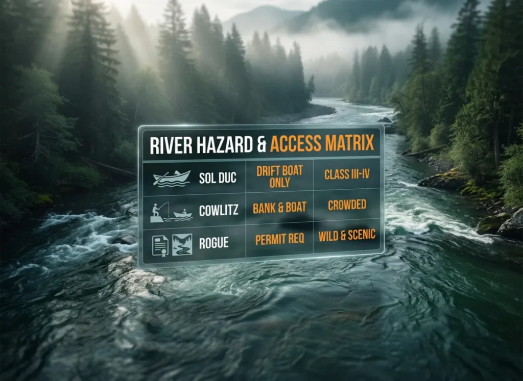 A premium editorial infographic titled "River Hazard & Access Matrix" set against a lush Pacific Northwest river landscape. The image features a comparison table for the Sol Duc, Cowlitz, and Rogue rivers, detailing access types and rapid difficulty, blending 3D realism with vector UI elements.