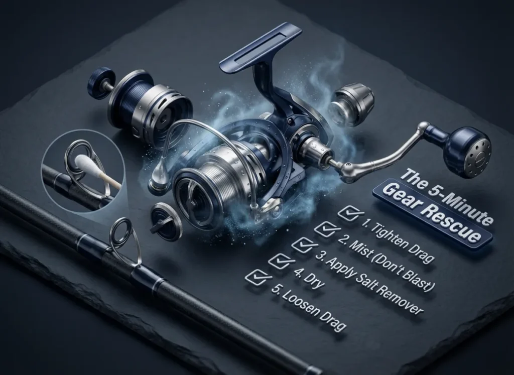 A premium infographic titled "The 5-Minute Gear Rescue" displaying a step-by-step fishing reel maintenance guide. The image features high-end fishing tackle, water mist details, and clear typographic instructions on a dark, textured background.