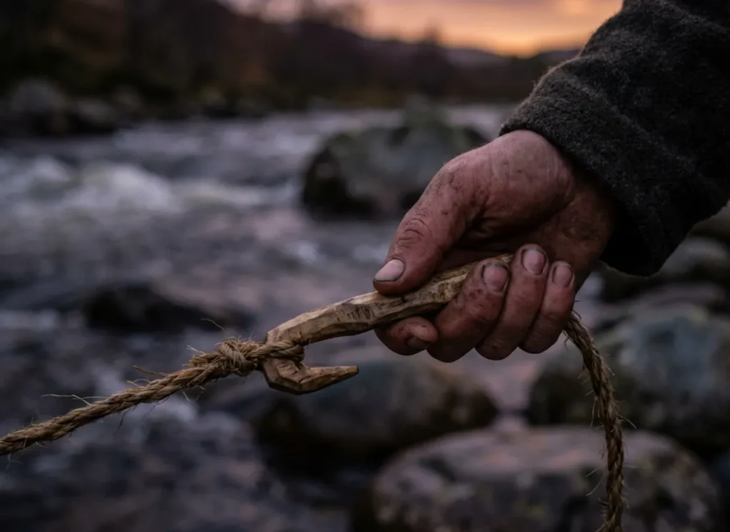 A close-up of a hand holding a primitive wooden gorge hook with a river in the background.
