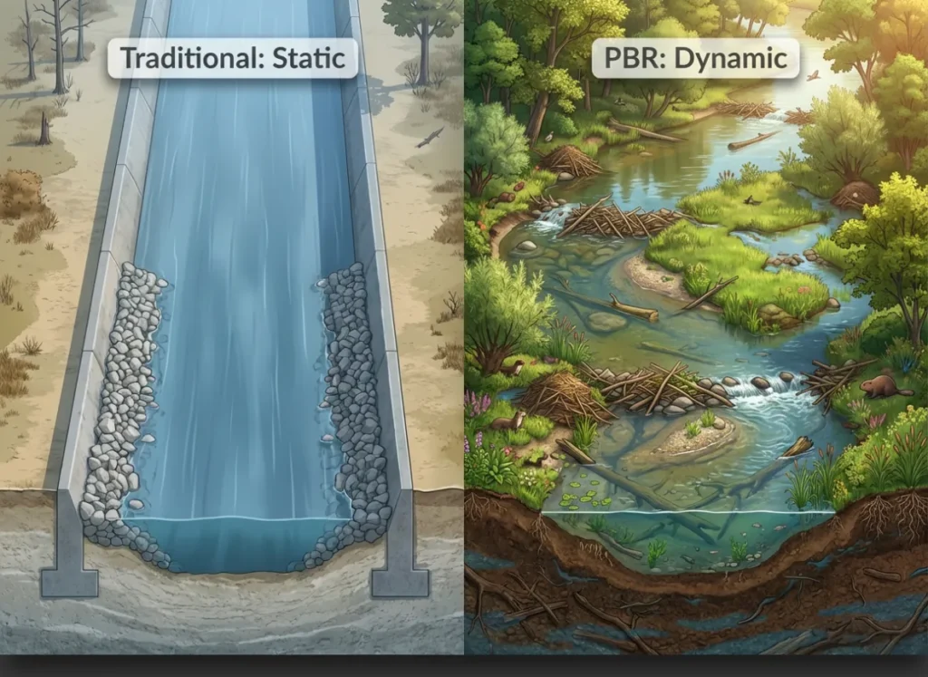 A split-screen isometric illustration comparing river management styles. The left side shows a sterile, straight river channel labeled "Traditional: Static" with rock walls. The right side shows a vibrant, winding river labeled "PBR: Dynamic" with wood jams, side channels, and lush vegetation.