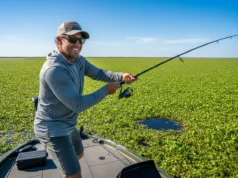 Punching for Bass: A Field-Tested Heavy Cover Strategy A male angler in his 30s on a bass boat, pitching a lure into thick matted vegetation on a sunny day.