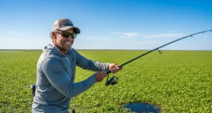 Punching for Bass: A Field-Tested Heavy Cover Strategy A male angler in his 30s on a bass boat, pitching a lure into thick matted vegetation on a sunny day.