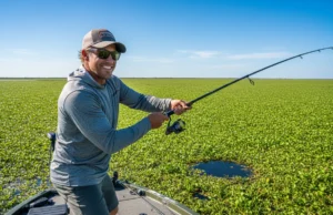 Punching for Bass: A Field-Tested Heavy Cover Strategy A male angler in his 30s on a bass boat, pitching a lure into thick matted vegetation on a sunny day.