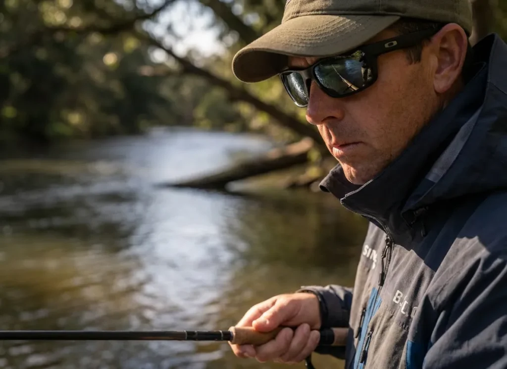 Close-up of an angler wearing polarized sunglasses scanning a river for underwater structure.