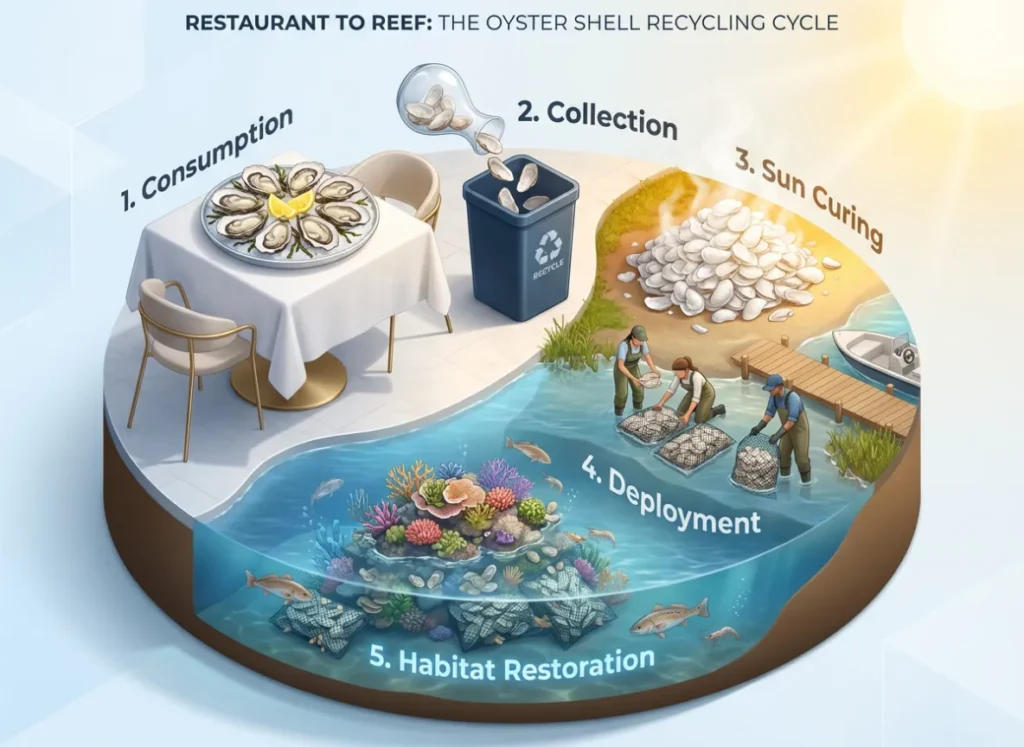 A stunning 3D isometric illustration depicting the "Restaurant to Reef" cycle. The visual flows from a dining plate to a recycling bin, a sun-bleached curing pile, and finally underwater where bagged shells form a reef habitat for Red Drum and shrimp.