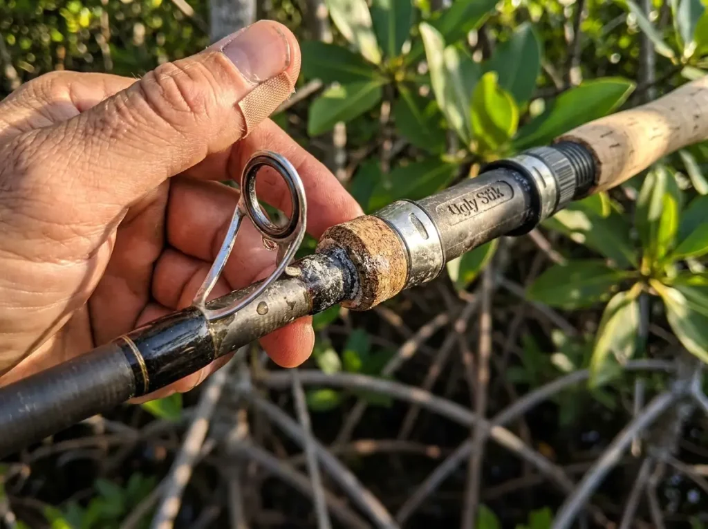 Close-up of stainless rod guides and reel seat on an Ugly Stik rod, the rod side of saltwater gear