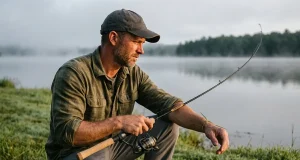 Why Rod Power and Action Aren’t the Same Thing Angler flexing a St. Croix Triumph rod to feel its power and action on a lake shore at dawn