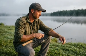 Why Rod Power and Action Aren’t the Same Thing Angler flexing a St. Croix Triumph rod to feel its power and action on a lake shore at dawn