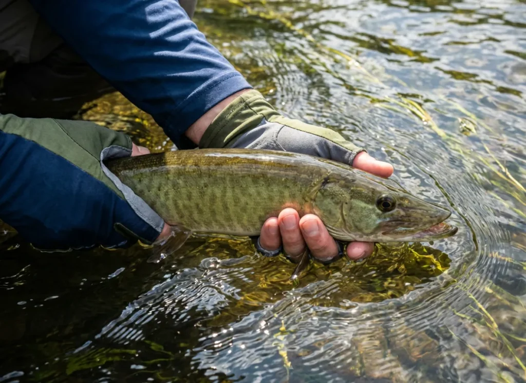 Angler holding a musky in the water to revive it before release.