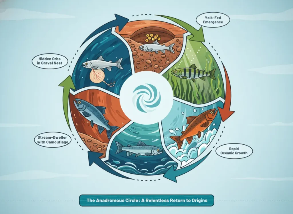 Circular infographic diagram illustrating the six stages of a Pacific salmon's life cycle, from egg to spawner, with dynamic arrows tracing the anadromous journey through freshwater streams, estuary, and ocean, in a vibrant educational vector style.