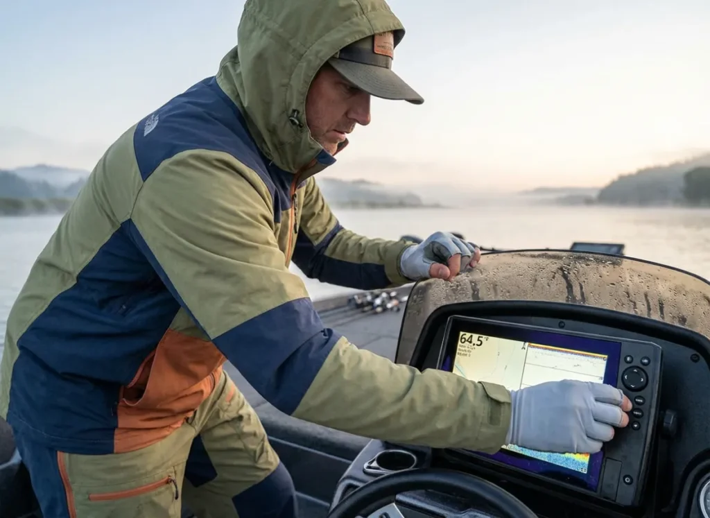 Angler looking at a fish finder screen to check water temperature and depth during a salmon run.
