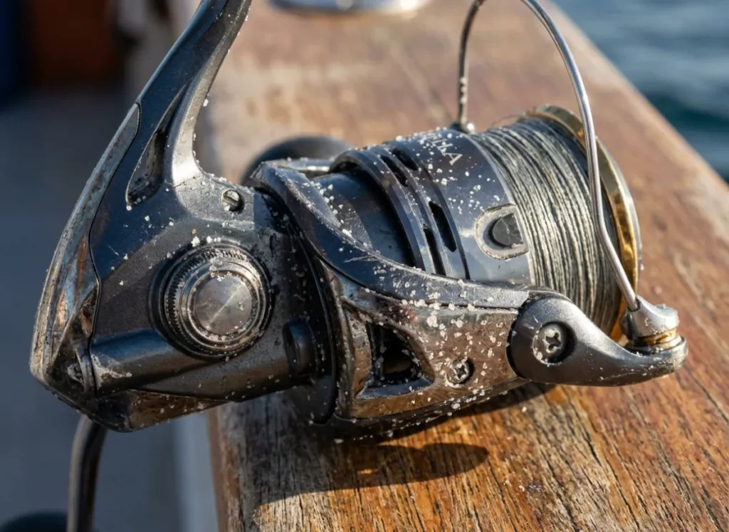 Close-up of a saltwater fishing reel with visible salt spray residue resting on a boat deck.