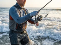 Saltwater vs Freshwater Gear: The Adaptive Angler Guide Angler wading in ocean surf casting a spinning rod with water splashing around the reel.