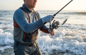 Saltwater vs Freshwater Gear: The Adaptive Angler Guide Angler wading in ocean surf casting a spinning rod with water splashing around the reel.