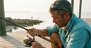 Saltwater vs Freshwater Gear One Part Fails First Angler holding a spinning combo on a coastal jetty, the gear behind saltwater vs freshwater gear choices