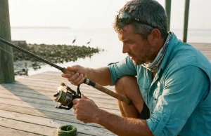 Saltwater vs Freshwater Gear One Part Fails First Angler holding a spinning combo on a coastal jetty, the gear behind saltwater vs freshwater gear choices
