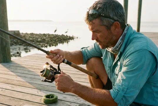 Saltwater vs Freshwater Gear One Part Fails First Angler holding a spinning combo on a coastal jetty, the gear behind saltwater vs freshwater gear choices