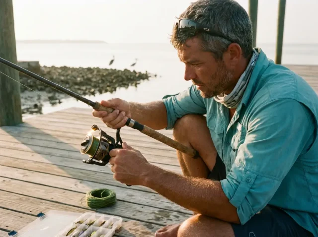 saltwater-vs-freshwater-gear-coastal-spinning-combo Angler holding a spinning combo on a coastal jetty, the gear behind saltwater vs freshwater gear choices