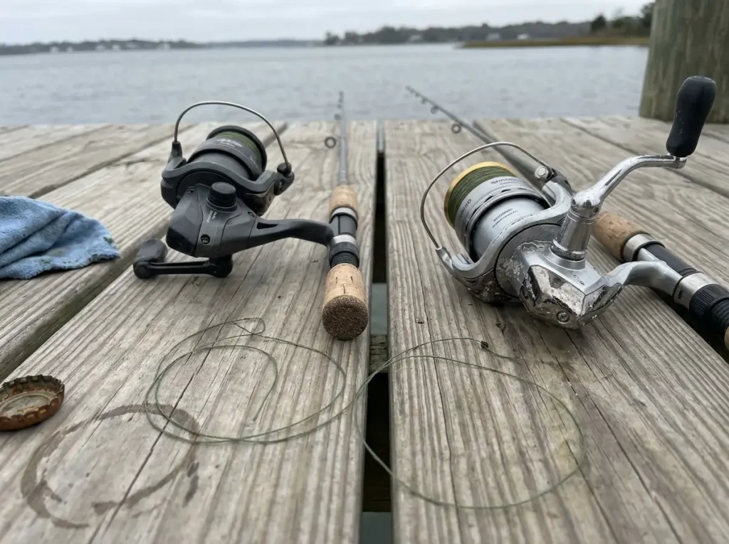 Two spinning reels laid side by side on a dock showing saltwater vs freshwater gear material differences