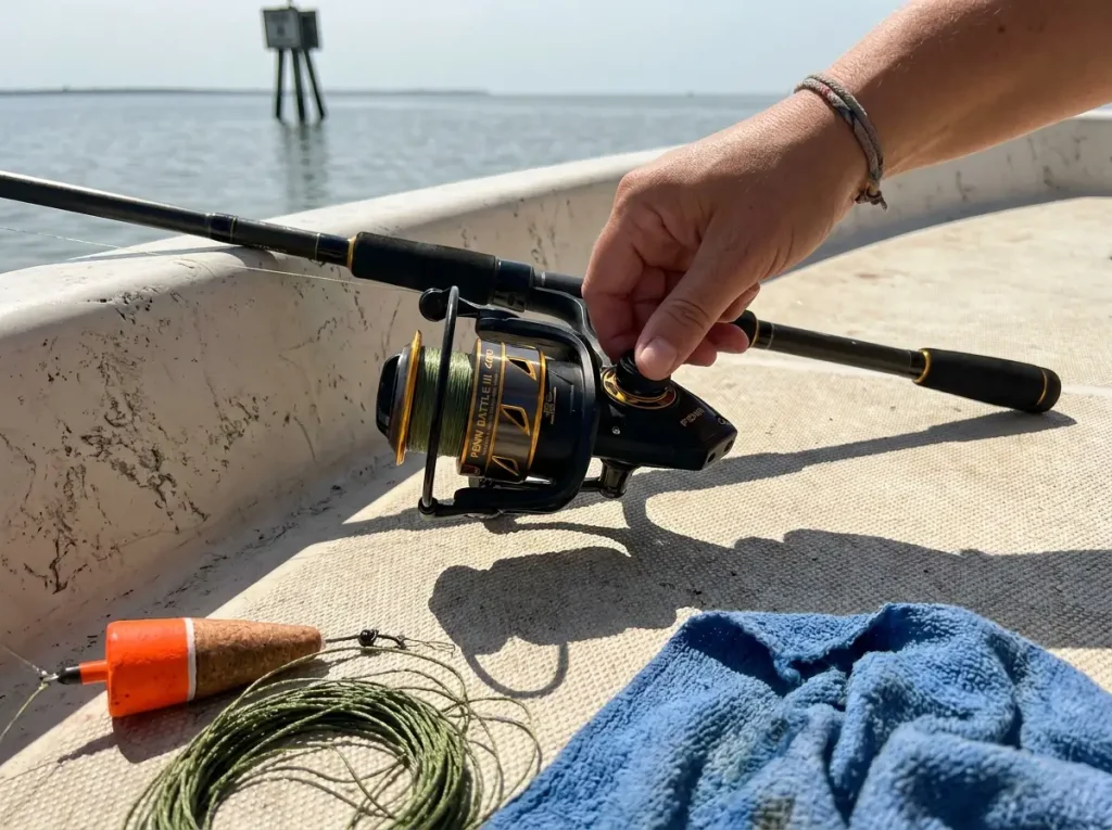 Sealed-drag PENN spinning reel on an inshore rod illustrating saltwater reel features for beginners