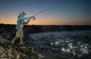 Shad Spawn Fishing: The Complete Tactical Playbook Angler casting into a frantic school of shad spawning along a rocky shoreline at dawn.