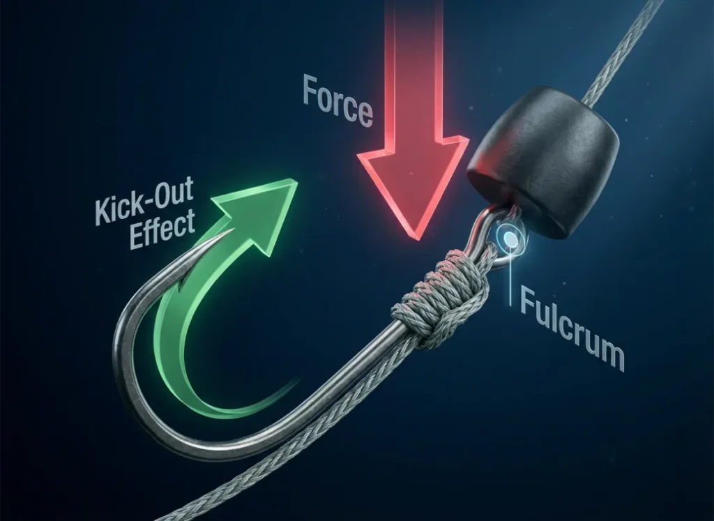 A detailed technical 3D illustration demonstrating the mechanical advantage of a Snell knot on a straight shank fishing hook. Visual vectors highlight the fulcrum point at the hook eye and the resulting upward "kick-out" motion of the hook point, contrasting the physics against a dark, dramatic background.