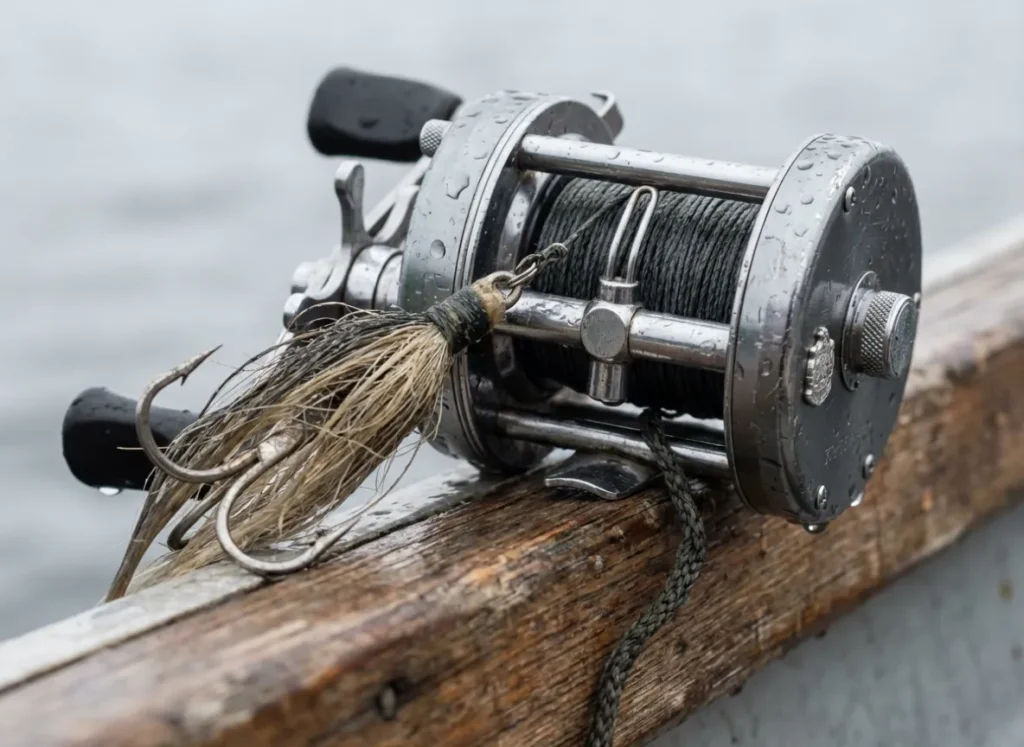 Close up of a heavy duty baitcasting reel and a large musky bucktail lure.
