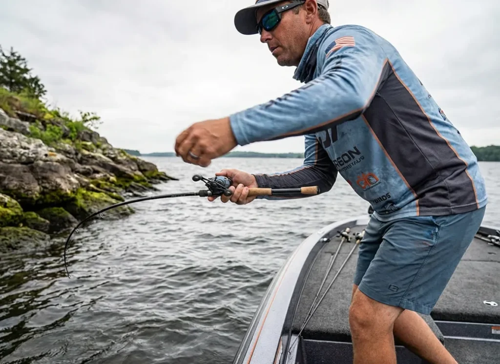 Angler retrieving a fishing reel at high speed while fishing parallel to a rocky bank.