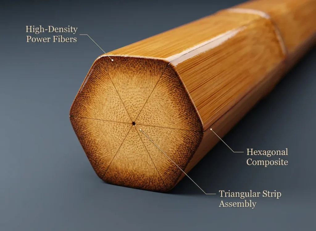 A detailed, isometric 3D cross-section of a hexagonal split-cane bamboo fishing rod. The diagram highlights the engineering marvel of the design, showing six triangular strips glued together with dark, dense power fibers concentrated at the outer enamel edge for maximum strength.