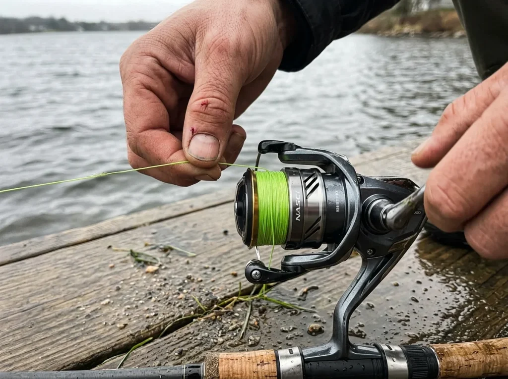 Hands spooling bright braided line onto a spinning reel to show how braid changes rod feel