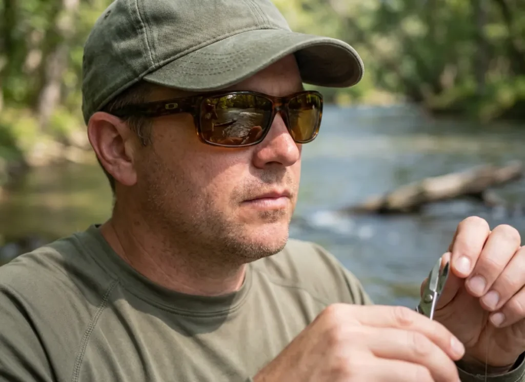 An angler crouching in tall grass near a riverbank to avoid spooking fish.