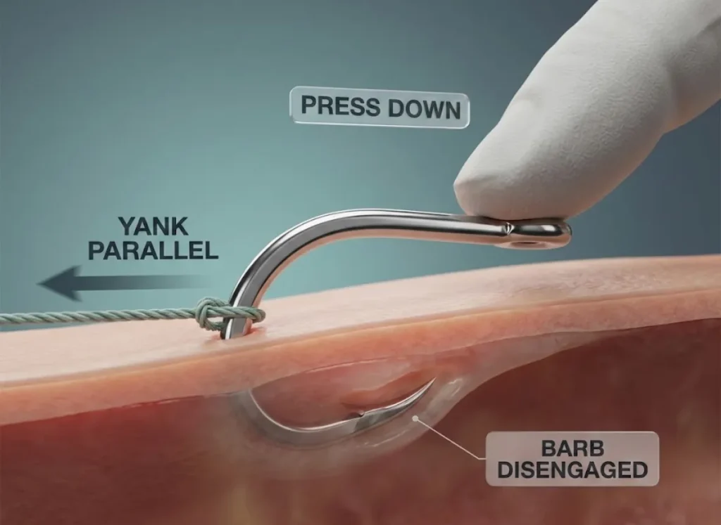 A 3D medical illustration showing the mechanics of the string-yank fishing hook removal technique, highlighting downward pressure on the hook eye and the parallel pulling force.
