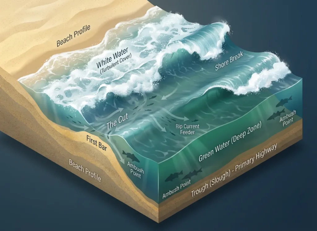 A detailed cross-section infographic titled 'Hydrographic Forensics: Surf Fishing Anatomy.' It shows a coastal beach profile cutaway, illustrating wave dynamics, underwater sandbars, a deep trough, and a rip current. Labels indicate 'First Bar,' 'Trough (Slough),' 'White Water,' and 'Green Water,' with arrows showing current flow and fish ambush points.