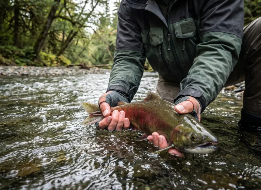 Angler's hands reviving a wild salmon in the water before releasing it.