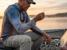 Terminal Tackle Explained: Hooks, Weights & Setup Logic Close-up of an angler inspecting a fishing hook from a tackle box at sunrise.
