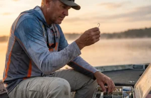 Terminal Tackle Explained: Hooks, Weights & Setup Logic Close-up of an angler inspecting a fishing hook from a tackle box at sunrise.