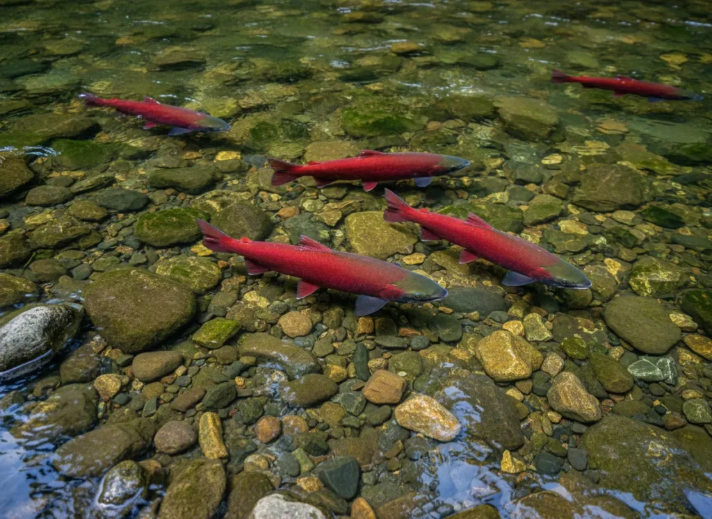 A group of vibrant red and green Sockeye salmon in their spawning colors in a clear river.