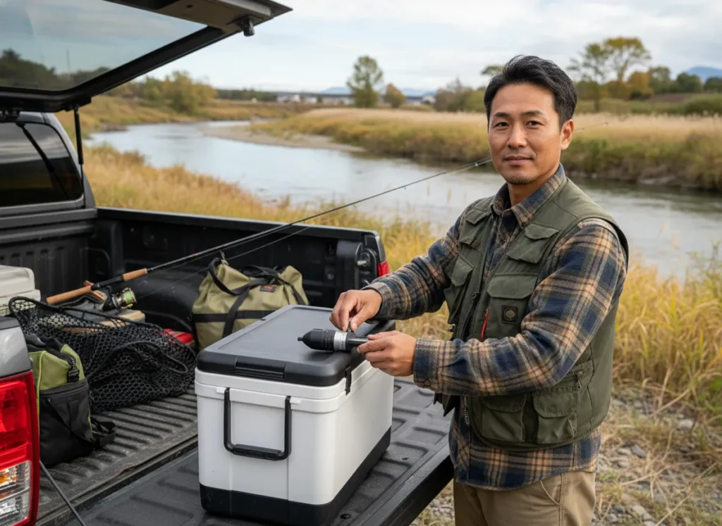 A male angler prepares his portable bait-keeping toolkit, attaching an aerator to an insulated cooler in the back of his truck.