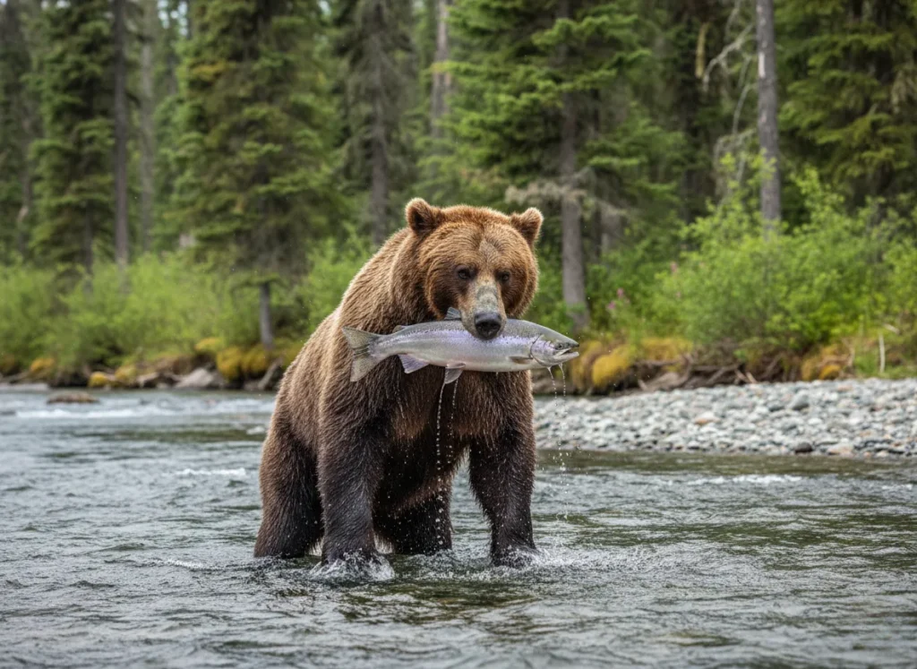 A brown bear stands in a river holding a salmon in its mouth, illustrating the ecosystem's food chain.