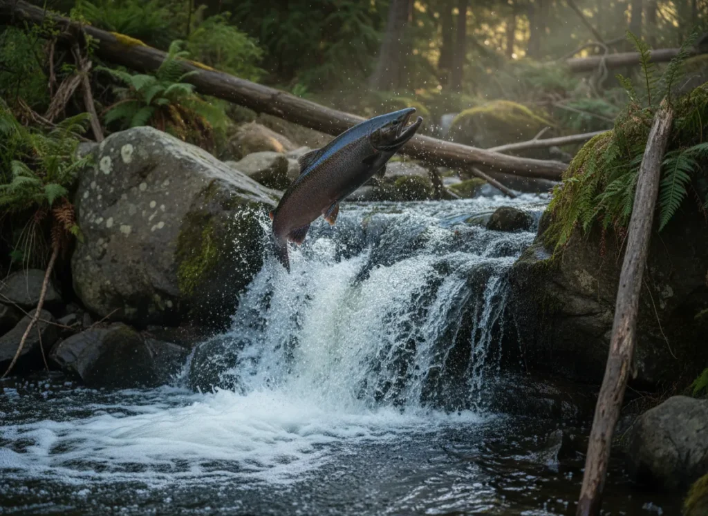 A large Chinook salmon leaping up a waterfall, symbolizing its epic upstream journey.