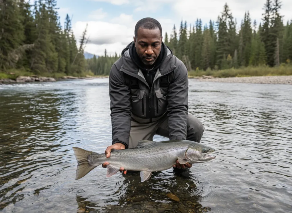 An angler carefully releases a wild Steelhead back into the river, demonstrating ethical fishing.